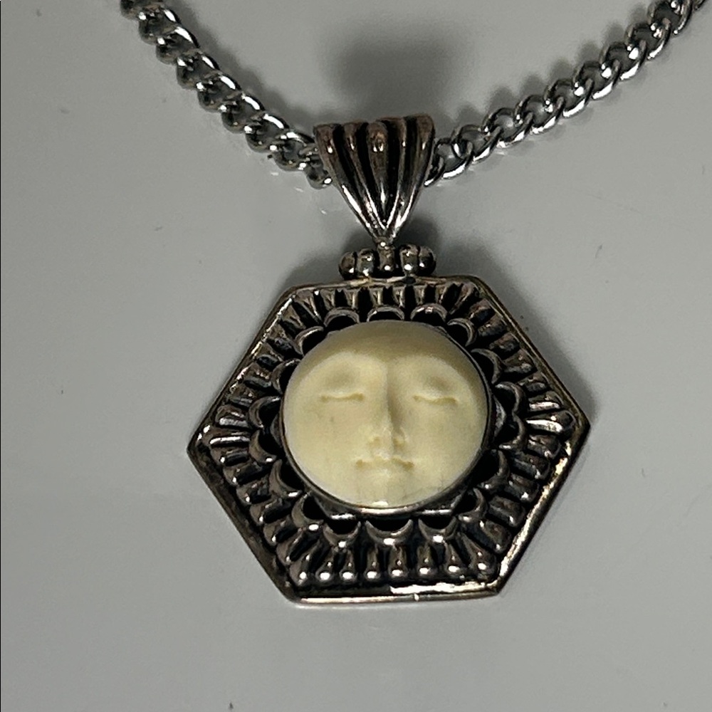 Artisan Made Sterling Silver Carved Moon Face Pendant Necklace